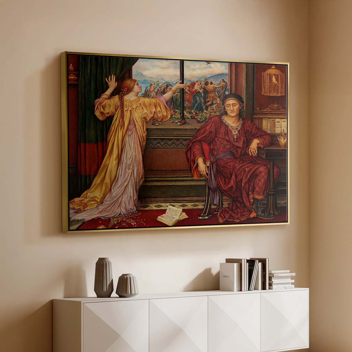 Gold floater framed canvas of The Gilded Cage, c. 1901-1902 by Evelyn De Morgan, featuring a symbolic scene of figure enclosed within decorative surroundings above a console cabinet in a minimalist entryway.