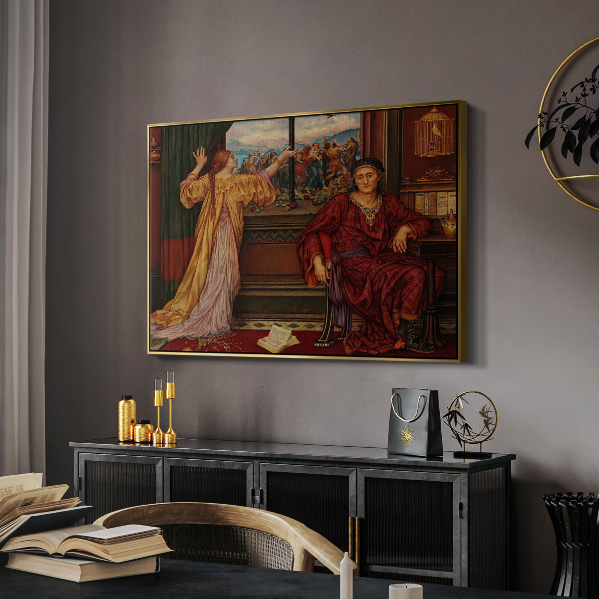 The Gilded Cage, c. 1901-1902 by Evelyn De Morgan in a gold floater framed canvas featuring an interior composition with woman and gilded elements suggesting restriction, displayed above a desk in a dark home office interior.