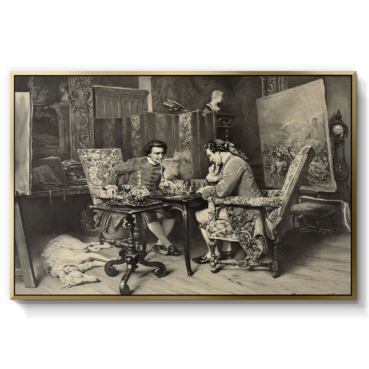 The Chess Players, 1858 by Ernest Meissonier in a gold floater framed canvas wall art display.