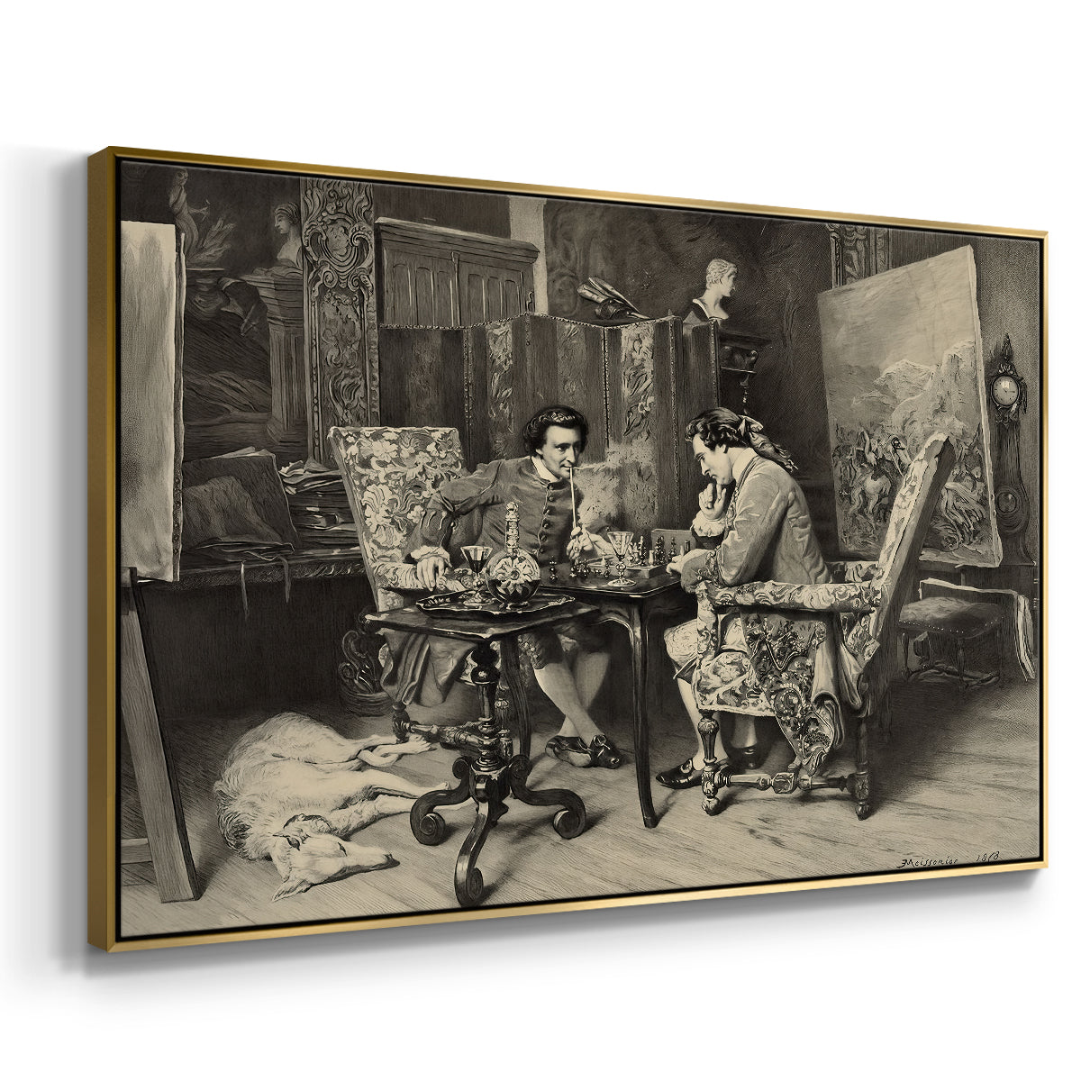 Angled view of The Chess Players, 1858 by Ernest Meissonier in a gold floater framed canvas.