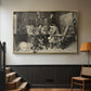 Gold floater framed canvas featuring a monochrome-style depiction of strategic game between two figures, displayed in a hallway near a staircase.