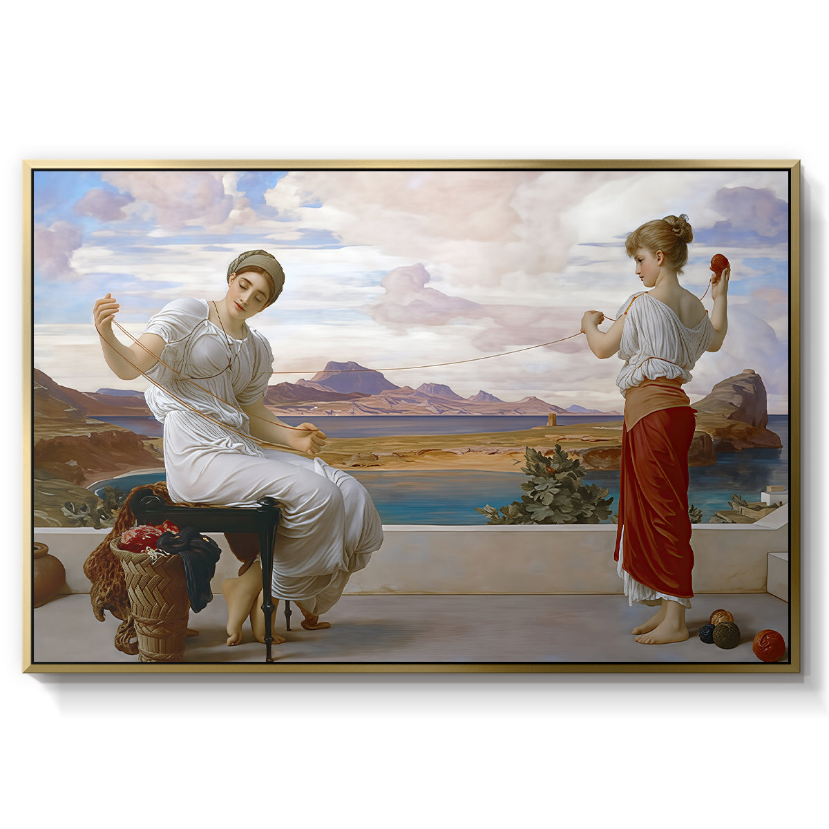 Winding the Skein, c. 1878 by Frederic Leighton in a gold floater framed canvas wall art display.