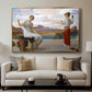 Winding the Skein, c. 1878 by Frederic Leighton displayed in a gold floater framed canvas above a sofa in a clean living room.