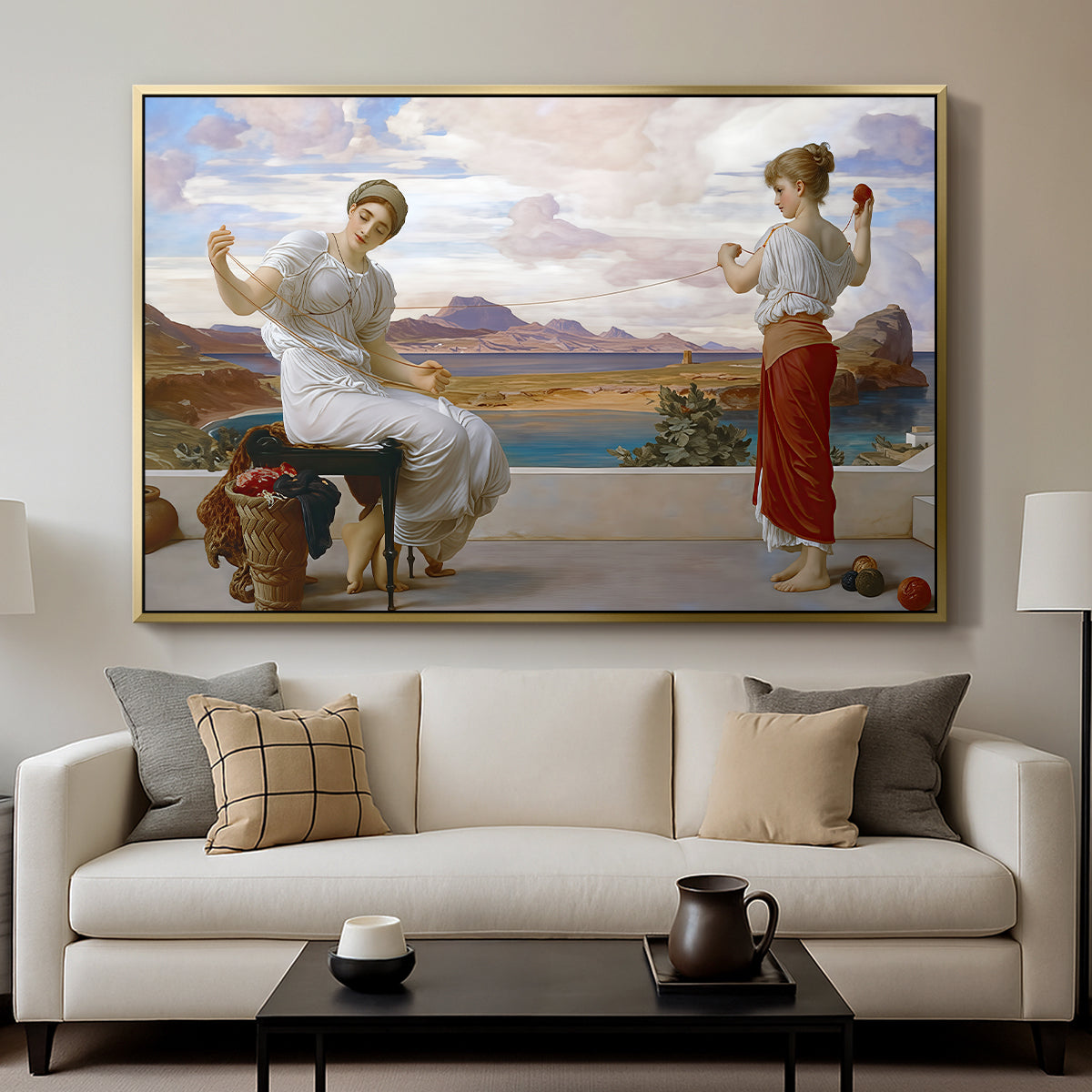 Winding the Skein, c. 1878 by Frederic Leighton displayed in a gold floater framed canvas above a sofa in a clean living room.