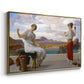 Angled view of Winding the Skein, c. 1878 by Frederic Leighton in a gold floater framed canvas.