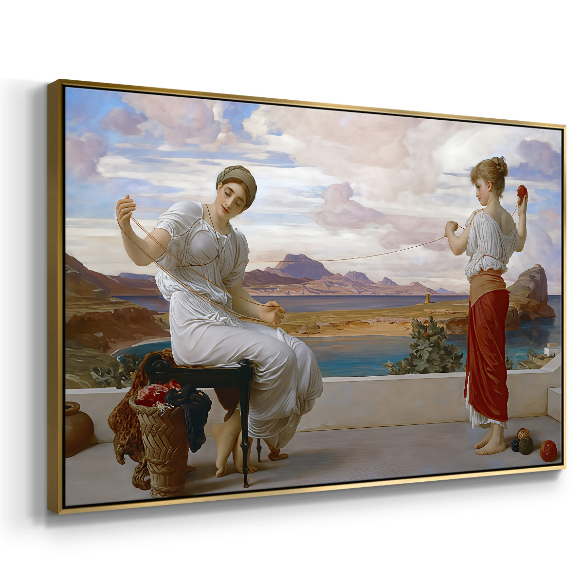 Angled view of Winding the Skein, c. 1878 by Frederic Leighton in a gold floater framed canvas.