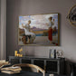 Winding the Skein, c. 1878 by Frederic Leighton in a gold floater framed canvas featuring a classical scene of figures winding thread together, displayed above a desk in a dark home office interior.