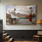 Gold floater framed canvas featuring an elegant composition of women performing domestic task, displayed in a hallway near a staircase.