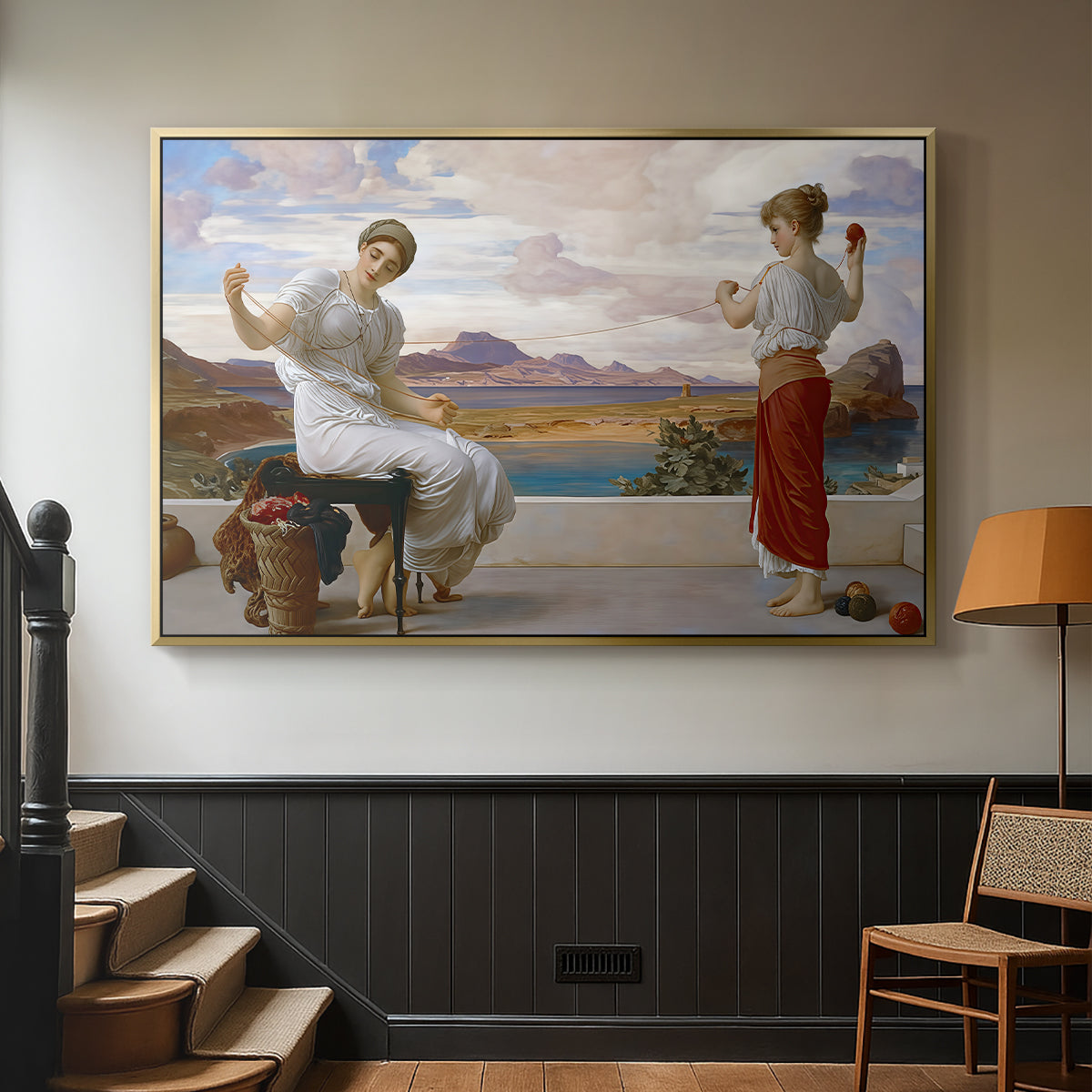 Gold floater framed canvas featuring an elegant composition of women performing domestic task, displayed in a hallway near a staircase.