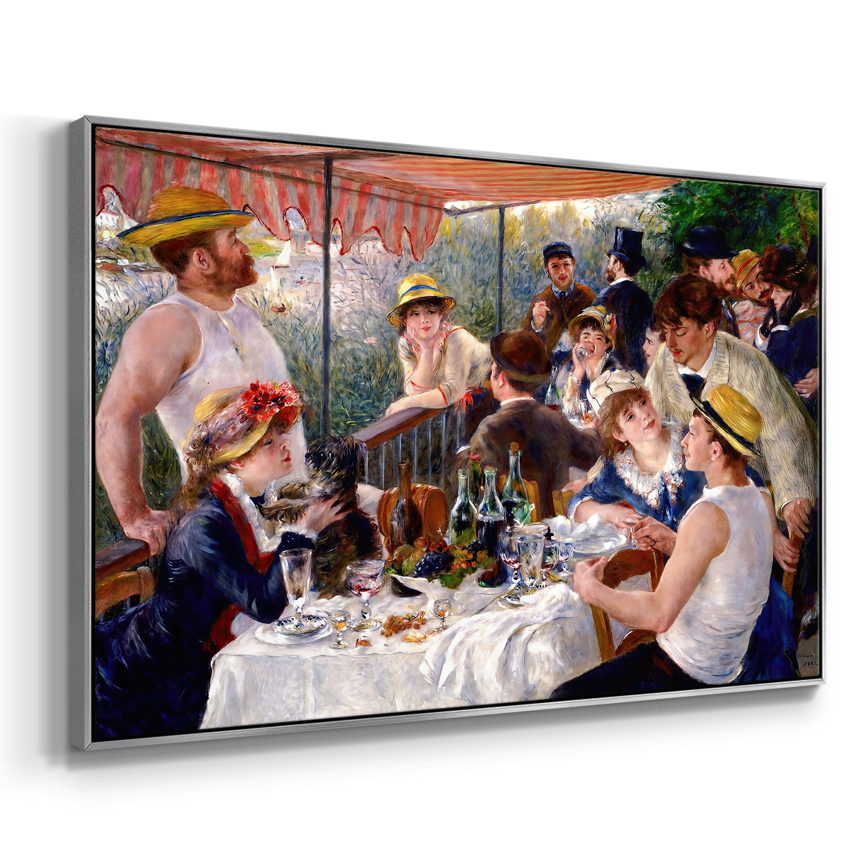 Angled view of Luncheon of the Boating Party (Le Déjeuner des canotiers), 1880-1881 by Pierre-Auguste Renoir in a silver floater framed canvas.