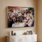 Silver floater framed canvas of Luncheon of the Boating Party (Le Déjeuner des canotiers), 1880-1881 by Pierre-Auguste Renoir, featuring a lively gathering of men and women eating and socializing at outdoor table above a console cabinet in a minimalist entryway.