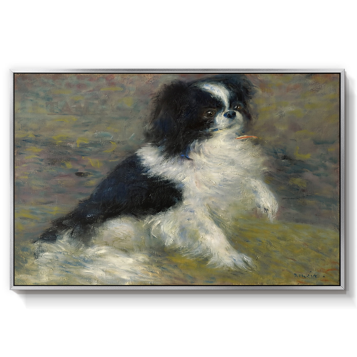 Tama, the Japanese Dog, c. 1876 by Pierre-Auguste Renoir in a silver floater framed canvas wall art display.