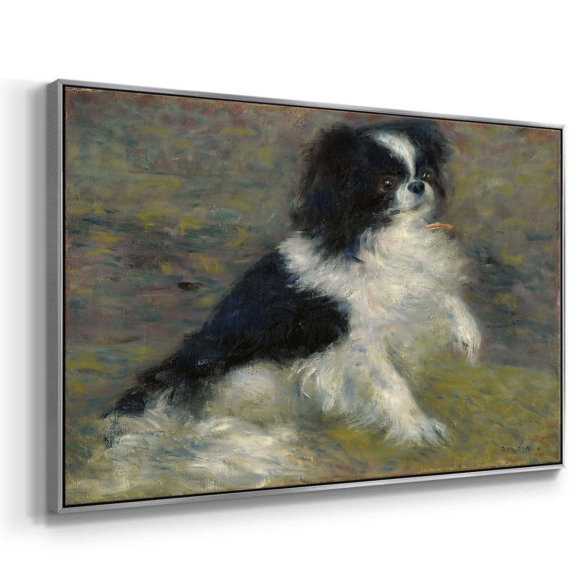 Angled view of Tama, the Japanese Dog, c. 1876 by Pierre-Auguste Renoir in a silver floater framed canvas.