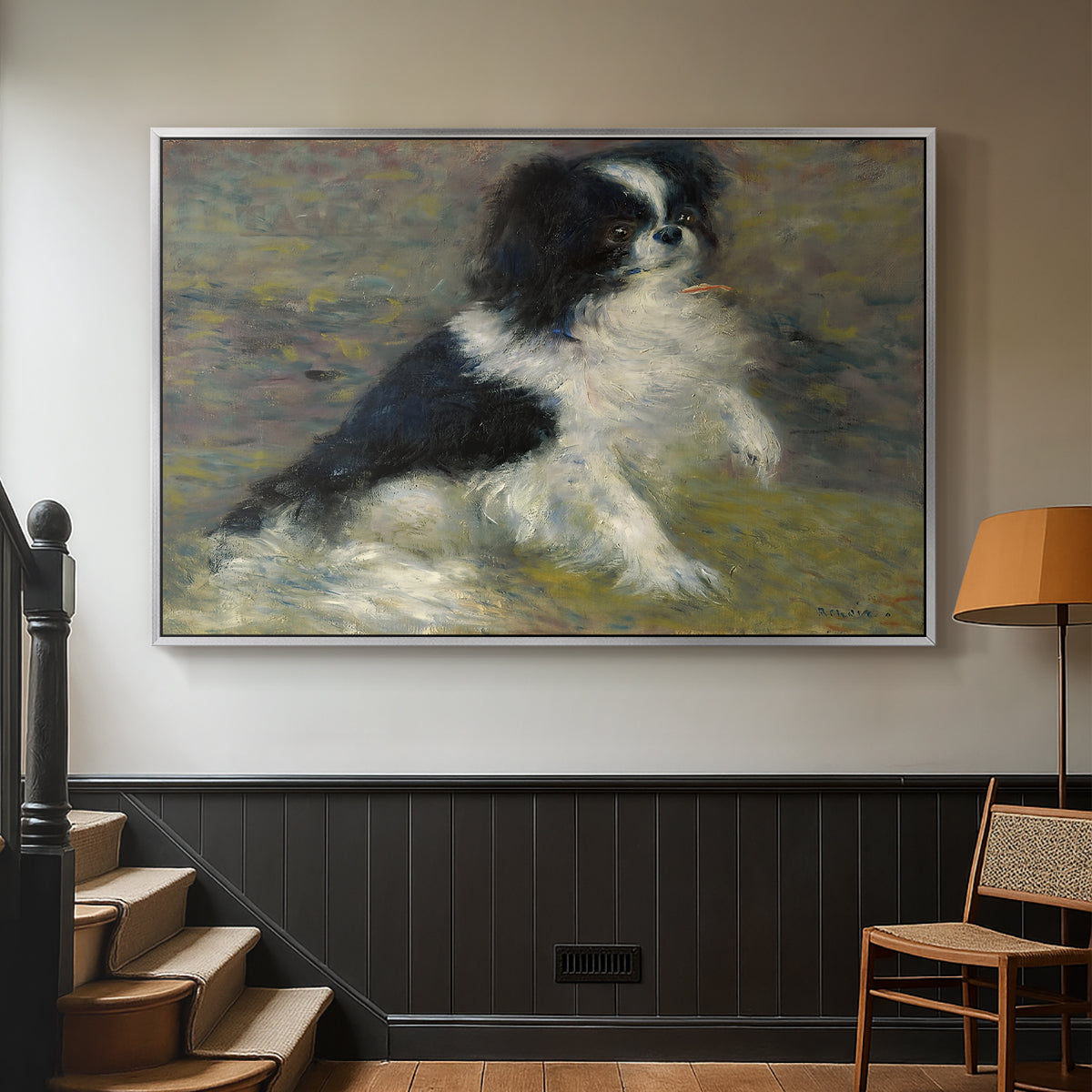 Silver floater framed canvas featuring an animal portrait of a dog in natural outdoor setting with soft light, displayed in a hallway near a staircase.