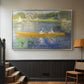 Silver floater framed canvas featuring a leisure scene of figures in a small rowboat on tranquil water, displayed in a hallway near a staircase.