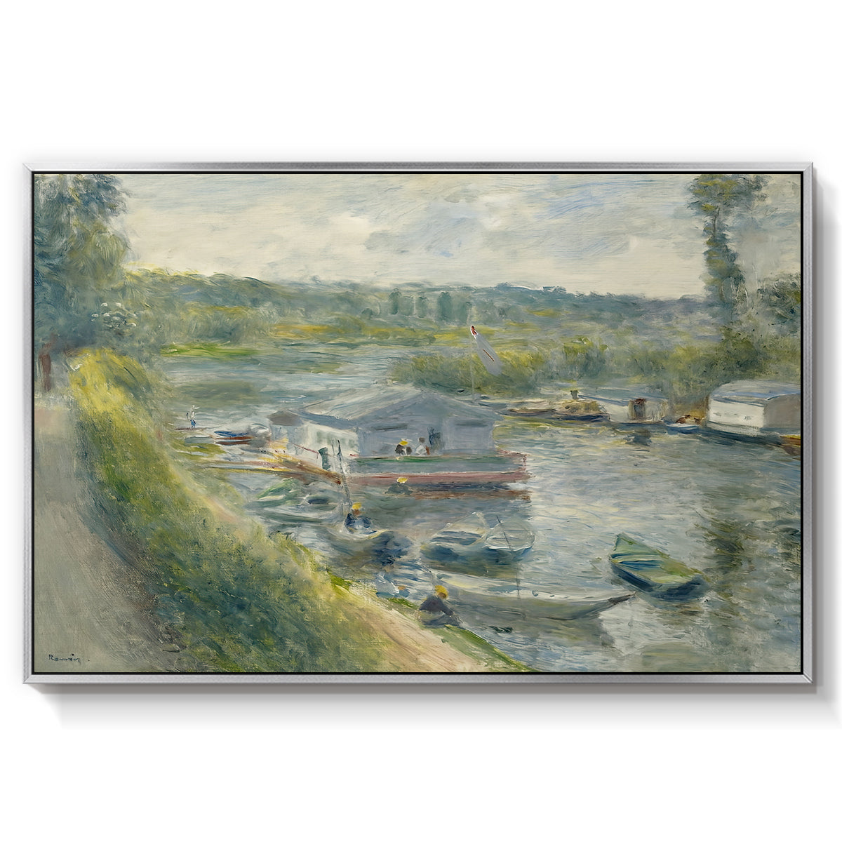 Wash-House Boat at Bas-Meudon, c. 1874 by Pierre-Auguste Renoir in a silver floater framed canvas wall art display.