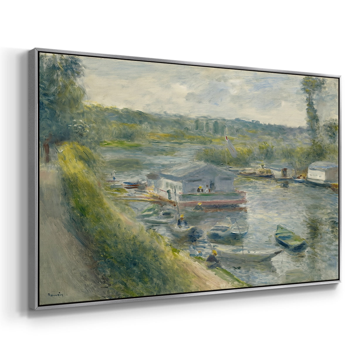 Angled view of Wash-House Boat at Bas-Meudon, c. 1874 by Pierre-Auguste Renoir in a silver floater framed canvas.