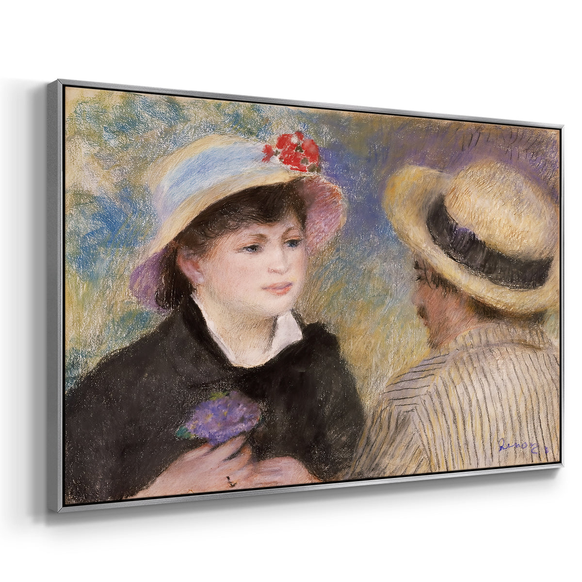 Angled view of Boating Couple (Aline Charigot and Renoir), c. 1881 by Pierre-Auguste Renoir in a silver floater framed canvas.