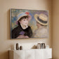 Silver floater framed canvas of Boating Couple (Aline Charigot and Renoir), c. 1881 by Pierre-Auguste Renoir, featuring an intimate portrait of man and woman sitting side by side in outdoor setting above a console cabinet in a minimalist entryway.