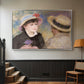 Silver floater framed canvas featuring a romantic scene of two figures in casual conversation with soft light, displayed in a hallway near a staircase.