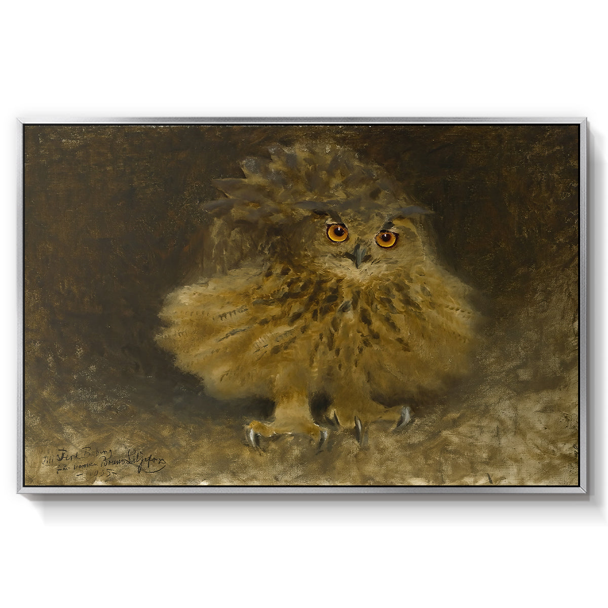 An Eagle Owl (Berguv), 1905 by Bruno Liljefors in a silver floater framed canvas wall art display.