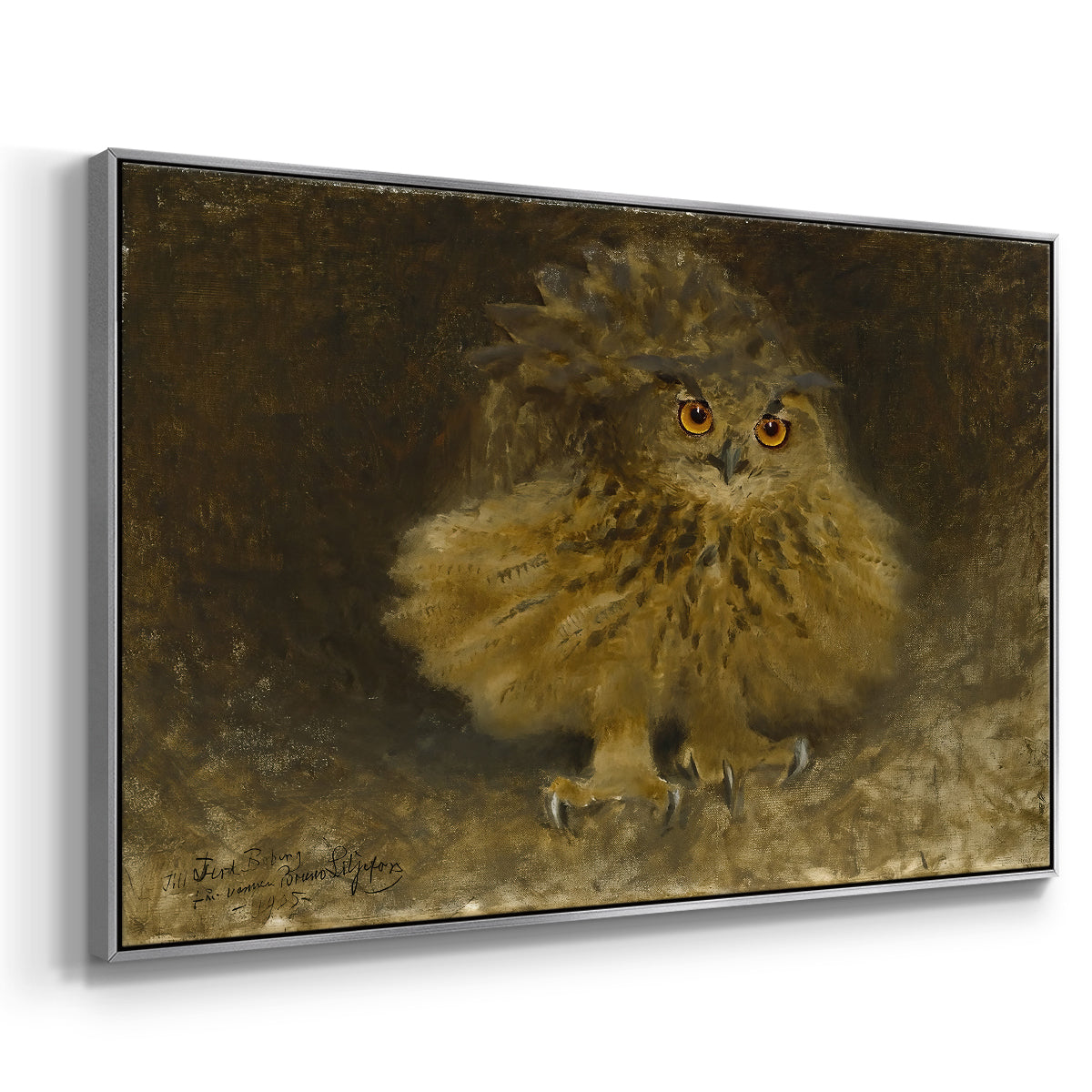 Angled view of An Eagle Owl (Berguv), 1905 by Bruno Liljefors in a silver floater framed canvas.