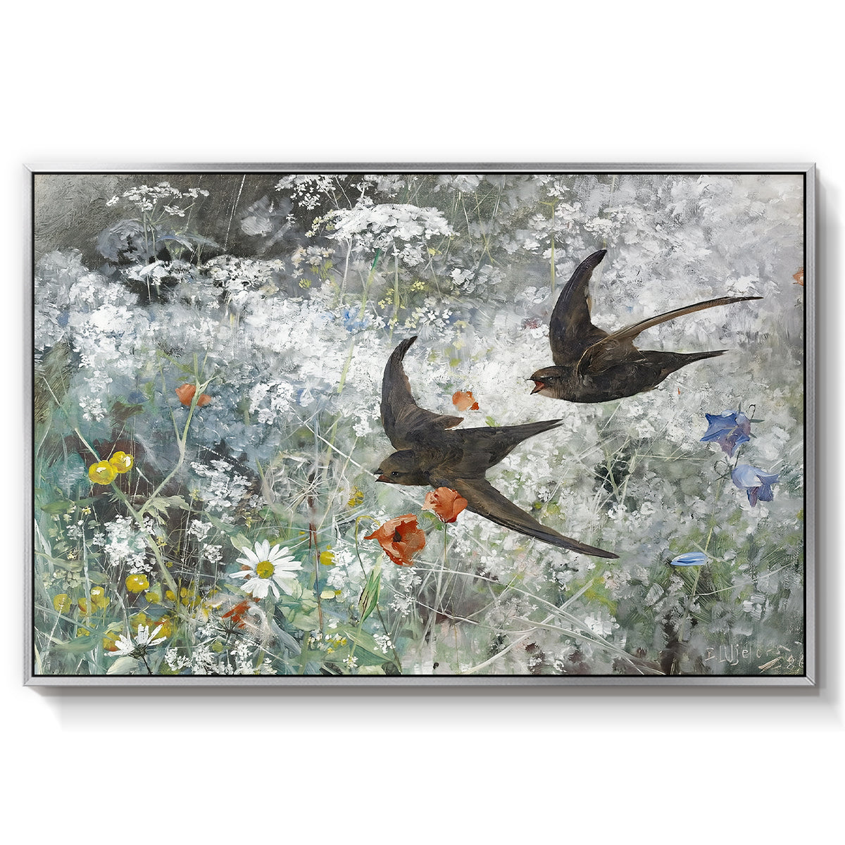 Common Swifts, 1886 by Bruno Liljefors in a silver floater framed canvas wall art display.