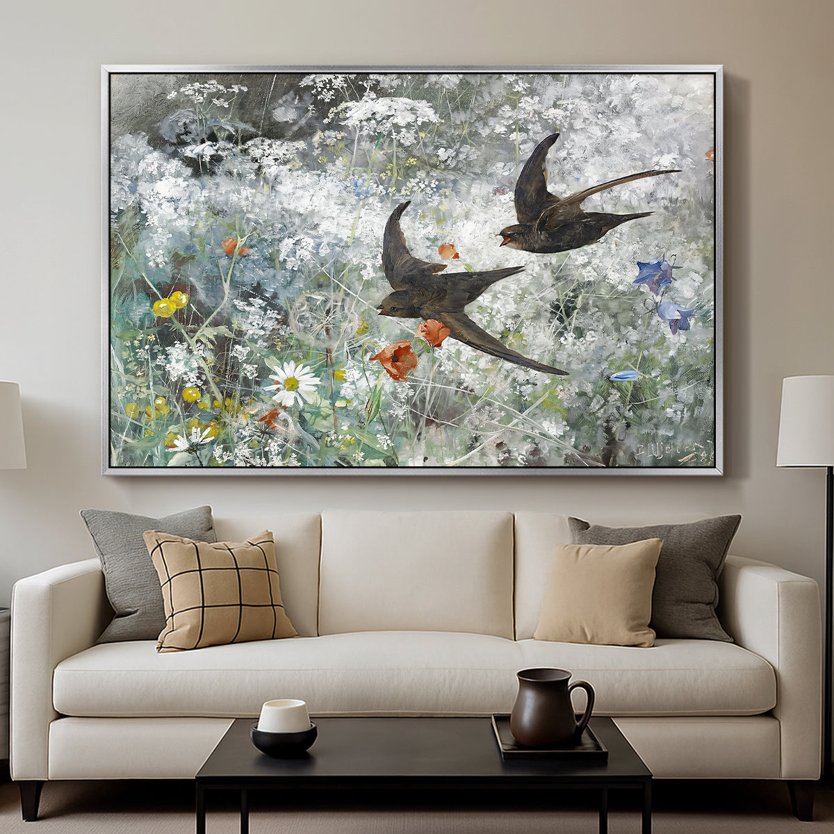 Common Swifts, 1886 by Bruno Liljefors displayed in a silver floater framed canvas above a sofa in a clean living room.