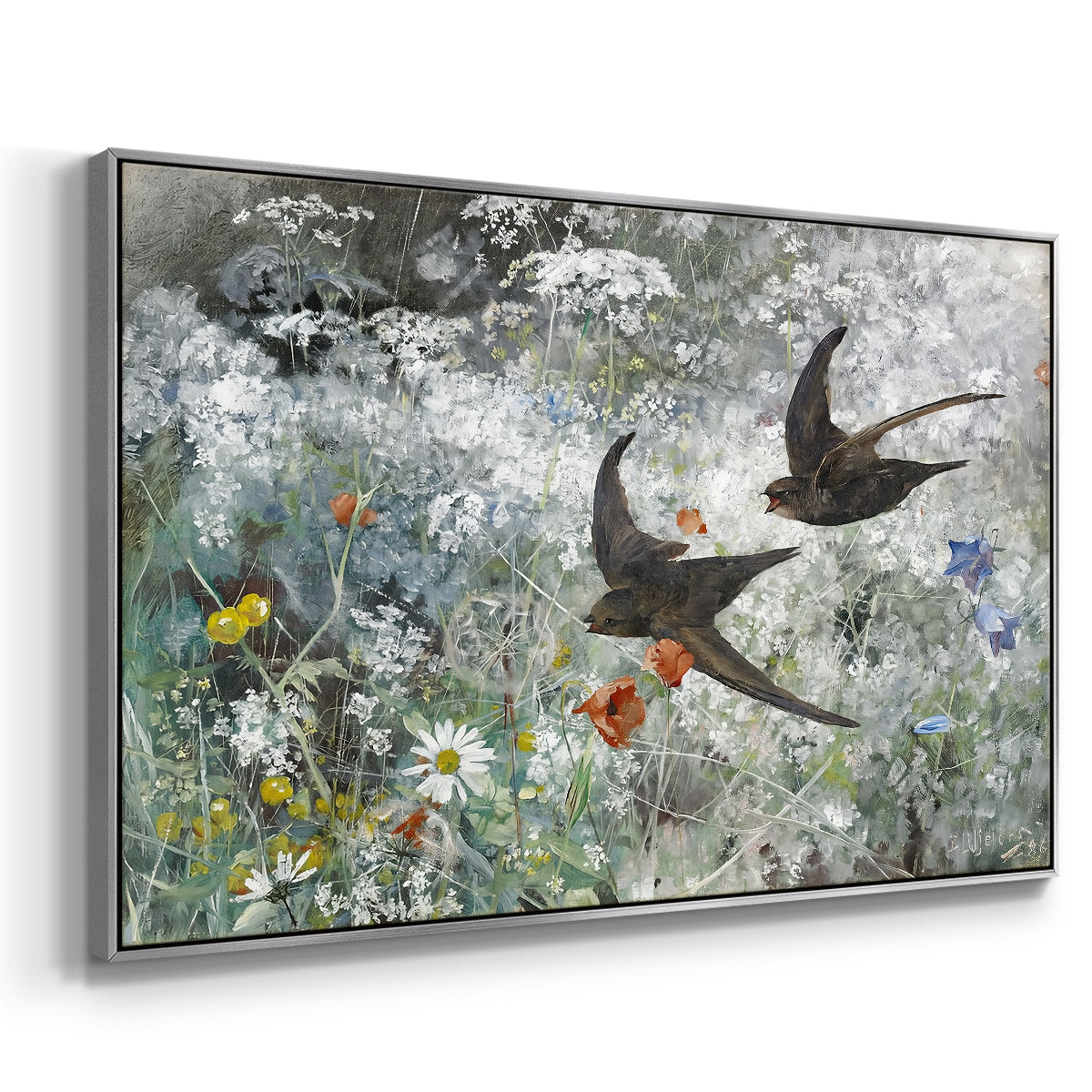Angled view of Common Swifts, 1886 by Bruno Liljefors in a silver floater framed canvas.