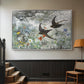 Silver floater framed canvas featuring an impressionist wildlife scene capturing birds in motion, displayed in a hallway near a staircase.