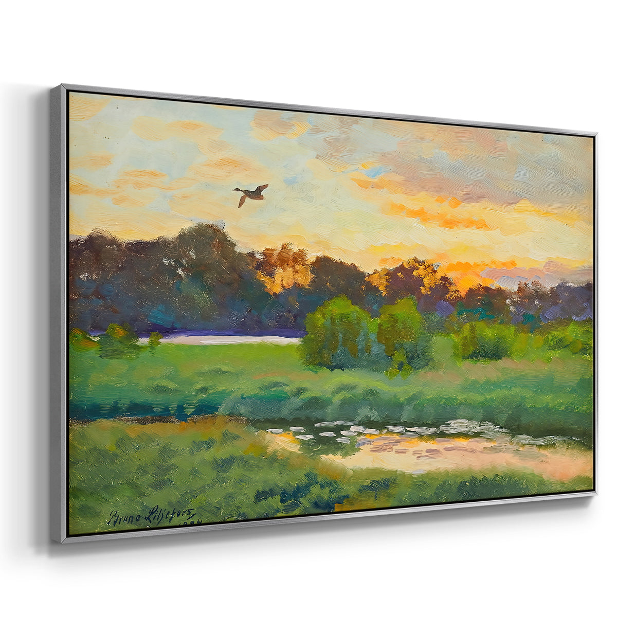 Angled view of Flying Duck at Sunset, 1924 by Bruno Liljefors in a silver floater framed canvas.
