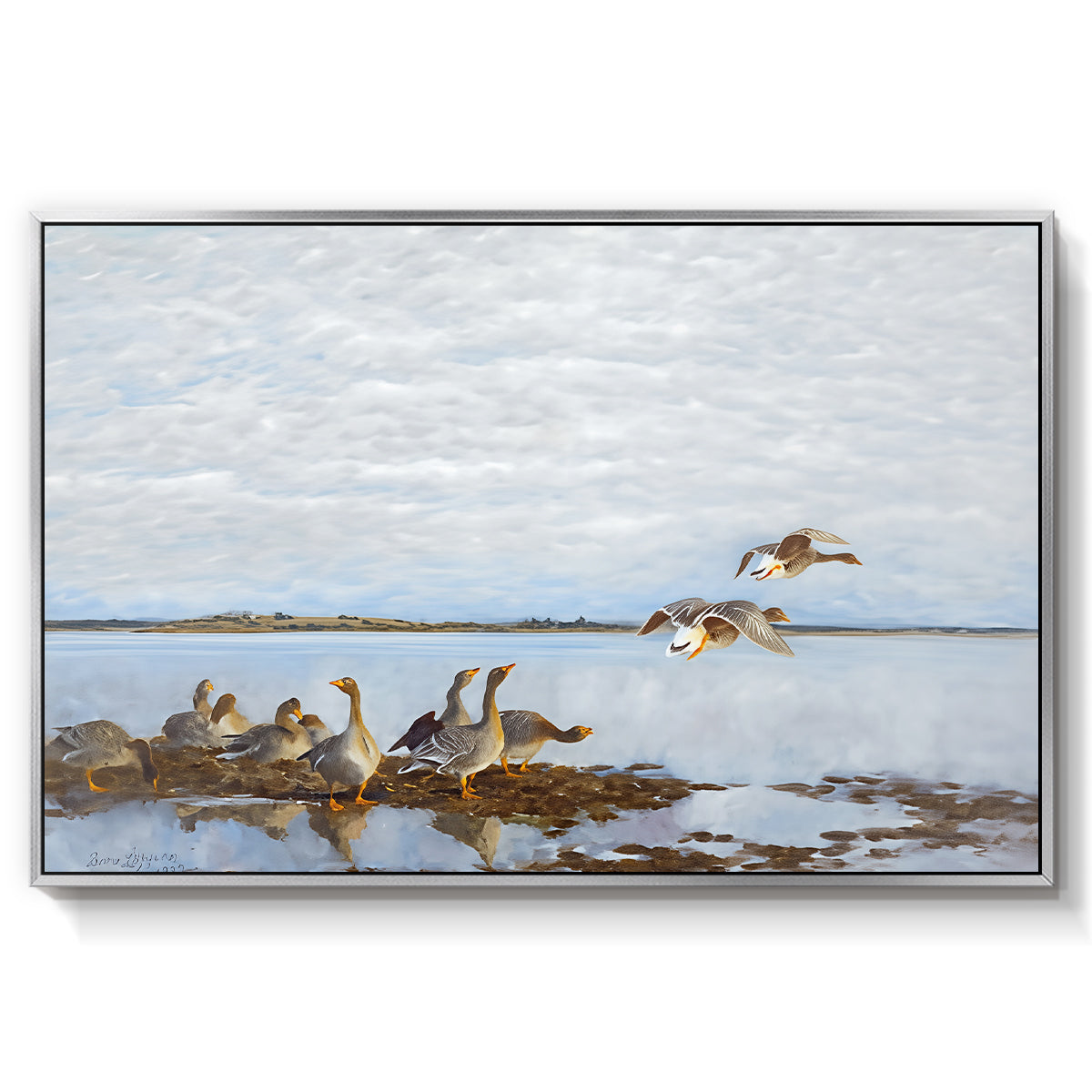 Greylag Geese (Grågäss), 1922 by Bruno Liljefors in a silver floater framed canvas wall art display.