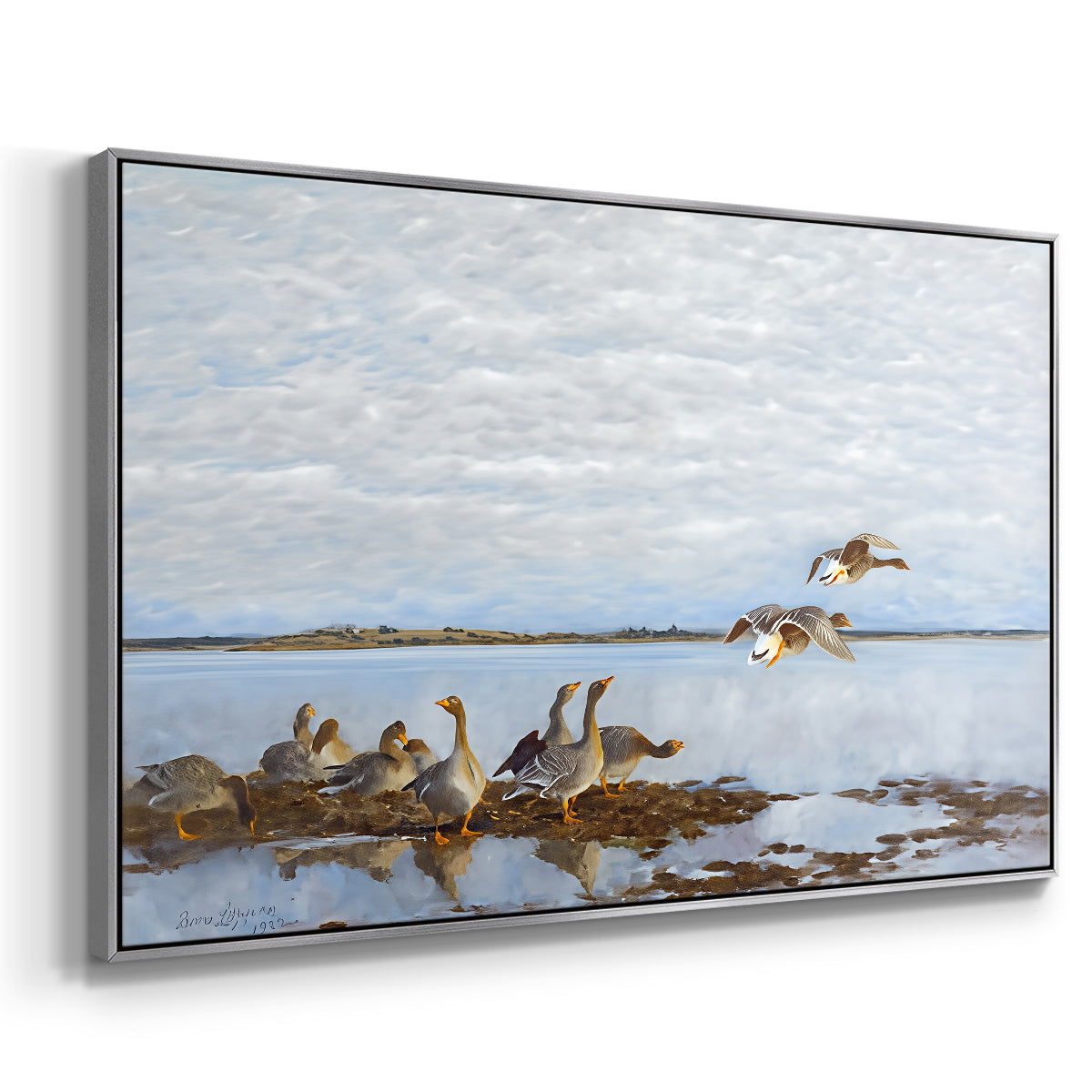 Angled view of Greylag Geese (Grågäss), 1922 by Bruno Liljefors in a silver floater framed canvas.