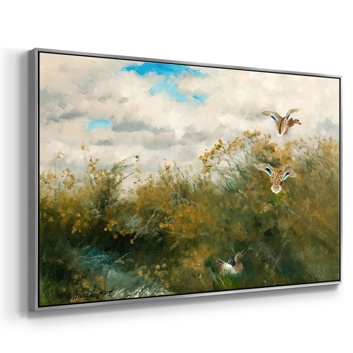 Angled view of Wild Ducks (Grasänder), 1890 by Bruno Liljefors in a silver floater framed canvas.