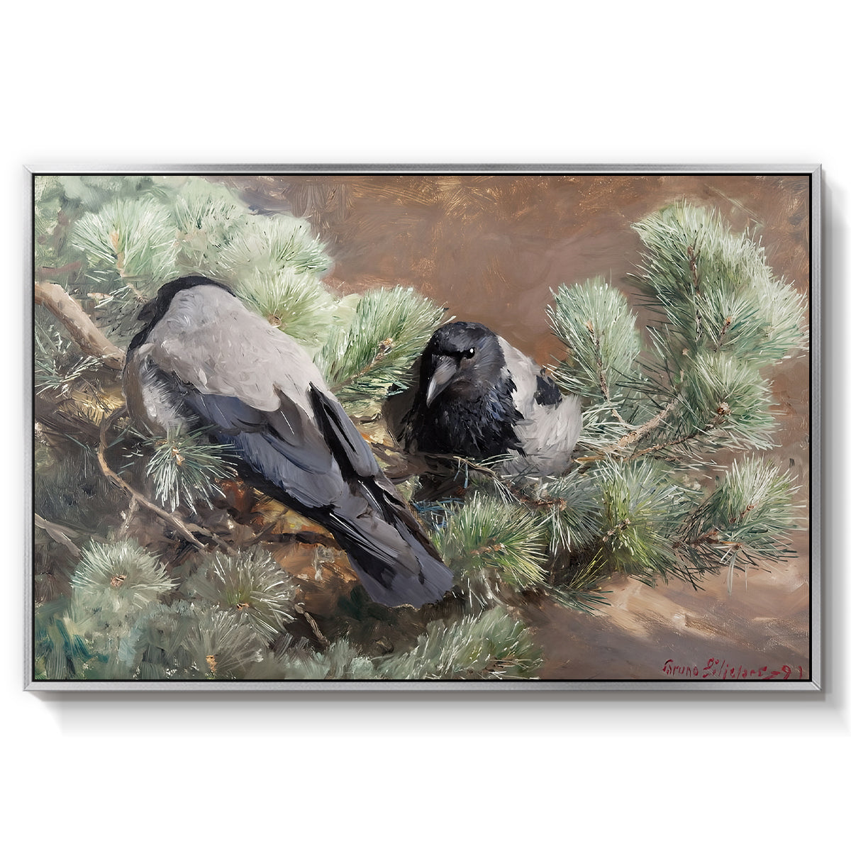 Hooded Crows (Kråkor), 1891 by Bruno Liljefors in a silver floater framed canvas wall art display.