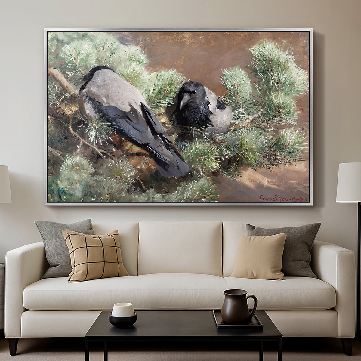 Hooded Crows (Kråkor), 1891 by Bruno Liljefors displayed in a silver floater framed canvas above a sofa in a clean living room.