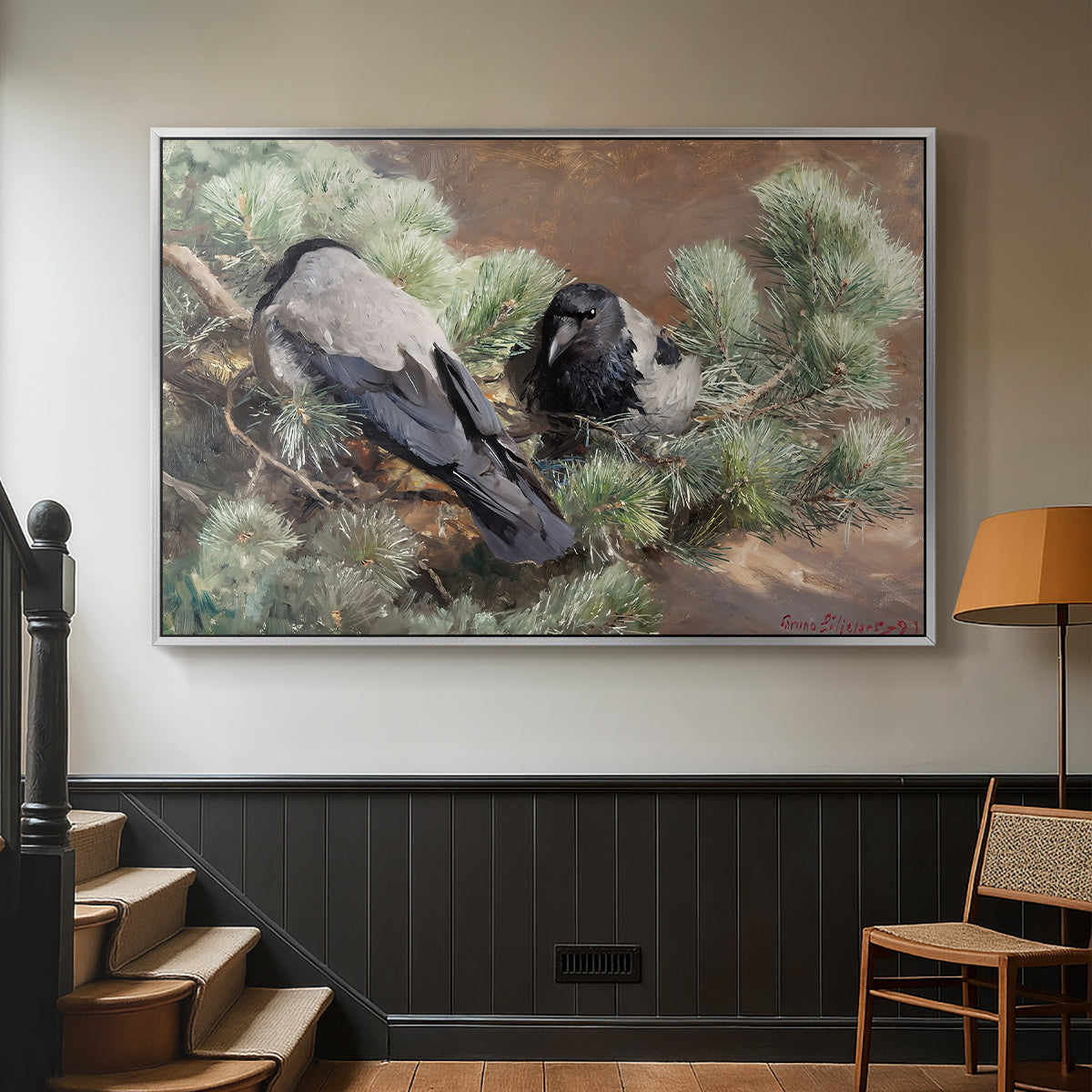 Silver floater framed canvas featuring a wildlife painting of dark birds against muted landscape, displayed in a hallway near a staircase.