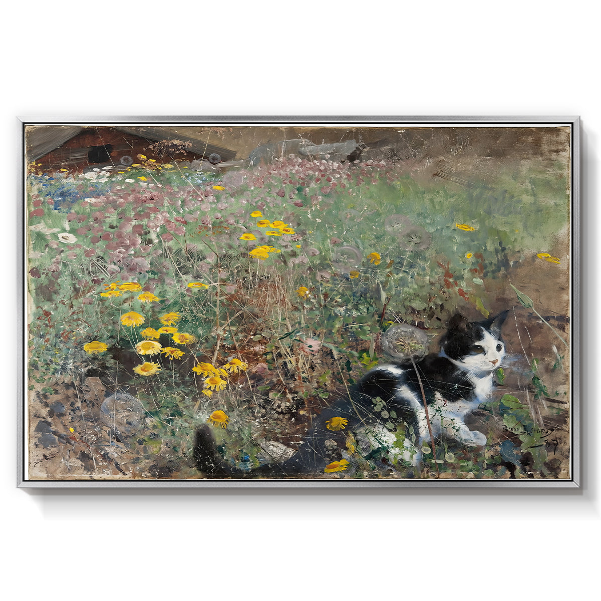 Cat on a Flowery Meadow, 1887 by Bruno Liljefors in a silver floater framed canvas wall art display.