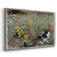 Angled view of Cat on a Flowery Meadow, 1887 by Bruno Liljefors in a silver floater framed canvas.