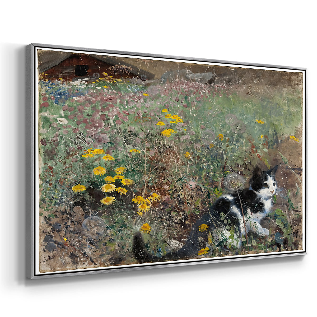 Angled view of Cat on a Flowery Meadow, 1887 by Bruno Liljefors in a silver floater framed canvas.