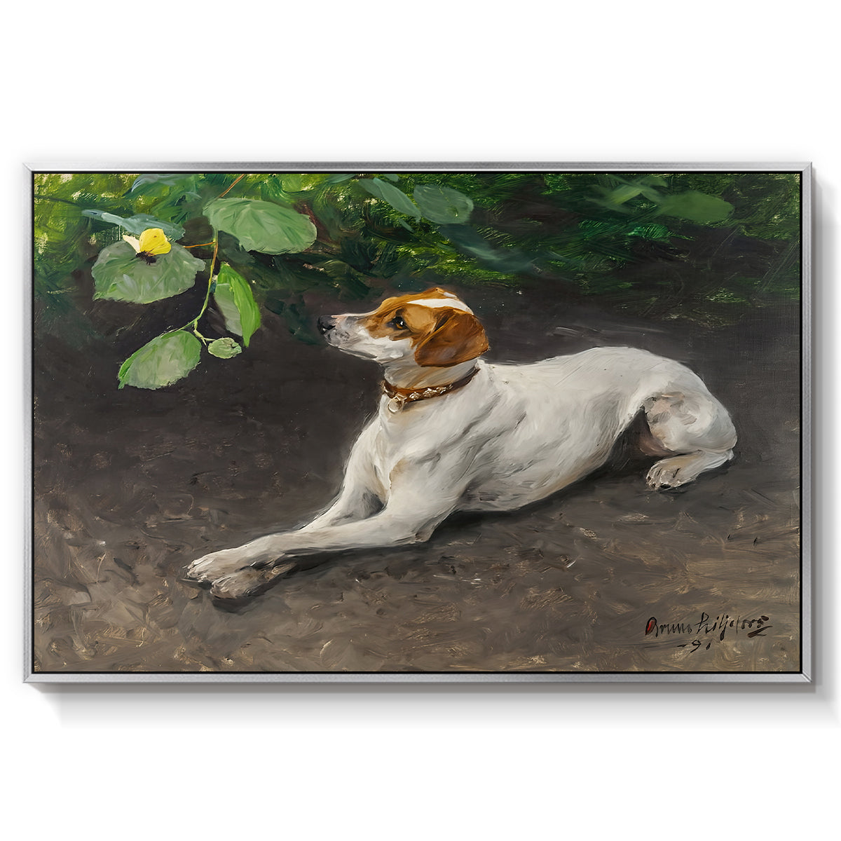 Portrait of a Dog, 1891 by Bruno Liljefors in a silver floater framed canvas wall art display.