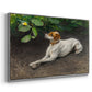Angled view of Portrait of a Dog, 1891 by Bruno Liljefors in a silver floater framed canvas.