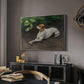 Portrait of a Dog, 1891 by Bruno Liljefors in a silver floater framed canvas featuring an animal painting of dog stretched out on earthy terrain, displayed above a desk in a dark home office interior.