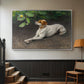 Silver floater framed canvas featuring a calm scene of dog reclining in open landscape, displayed in a hallway near a staircase.