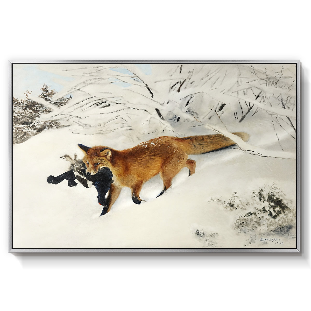 Fox in Snow Landscape, 1900 by Bruno Liljefors in a silver floater framed canvas wall art display.