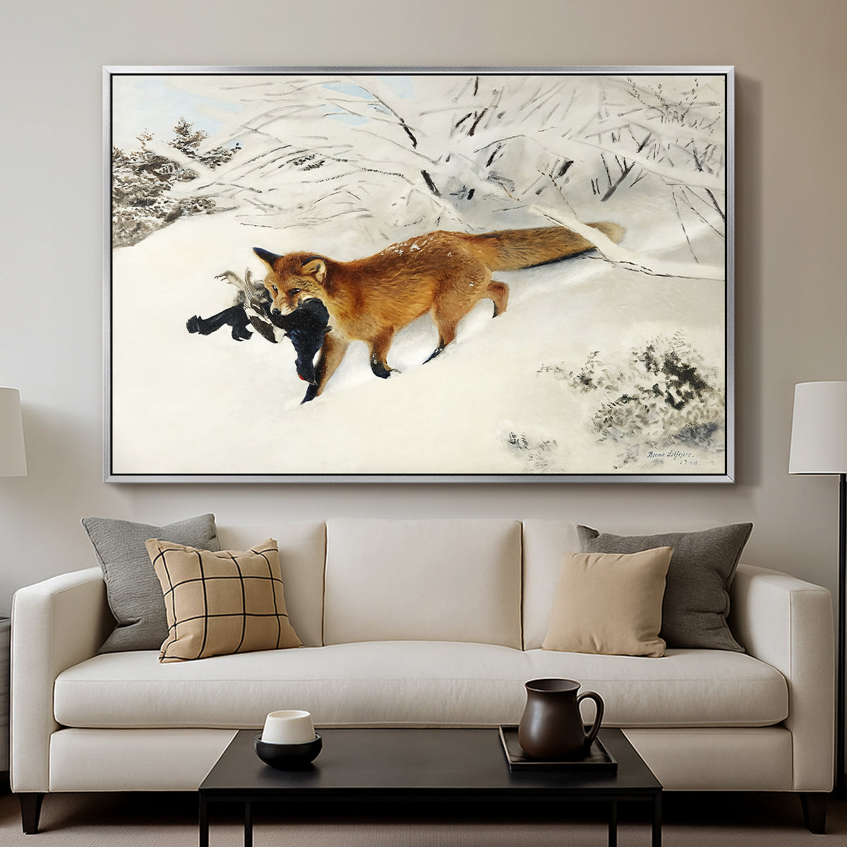 Fox in Snow Landscape, 1900 by Bruno Liljefors displayed in a silver floater framed canvas above a sofa in a clean living room.