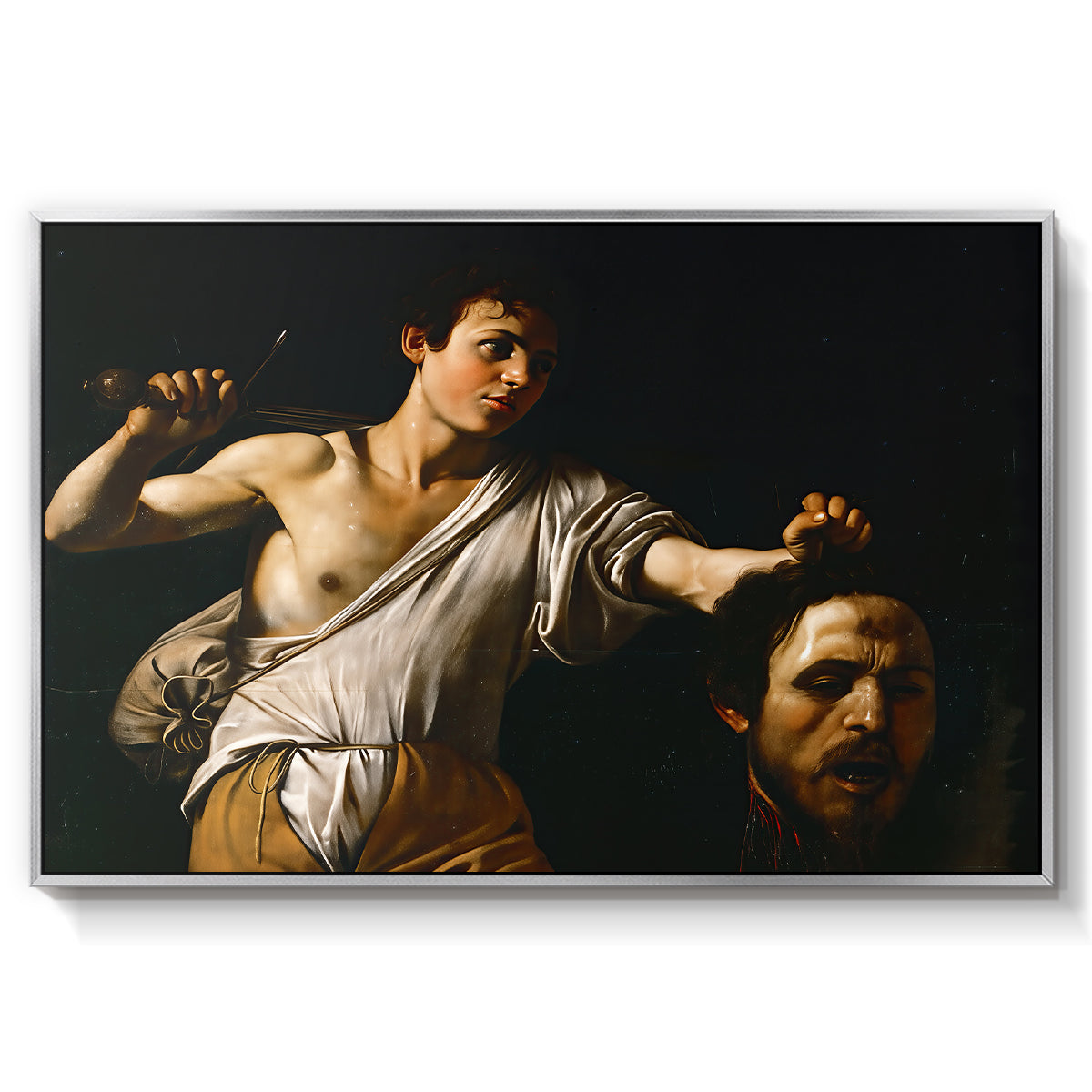 David with the Head of Goliath (Vienna Version), c. 1607 by Caravaggio in a silver floater framed canvas wall art display.