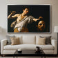 David with the Head of Goliath (Vienna Version), c. 1607 by Caravaggio displayed in a silver floater framed canvas above a sofa in a clean living room.