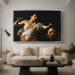 David with the Head of Goliath (Vienna Version), c. 1607 by Caravaggio as a silver floater framed canvas featuring a young David holding the severed head of Goliath against a dark background, displayed above a sofa in a modern living room.