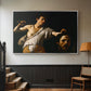 Silver floater framed canvas featuring an intense religious scene with figure emerging from darkness holding trophy, displayed in a hallway near a staircase.
